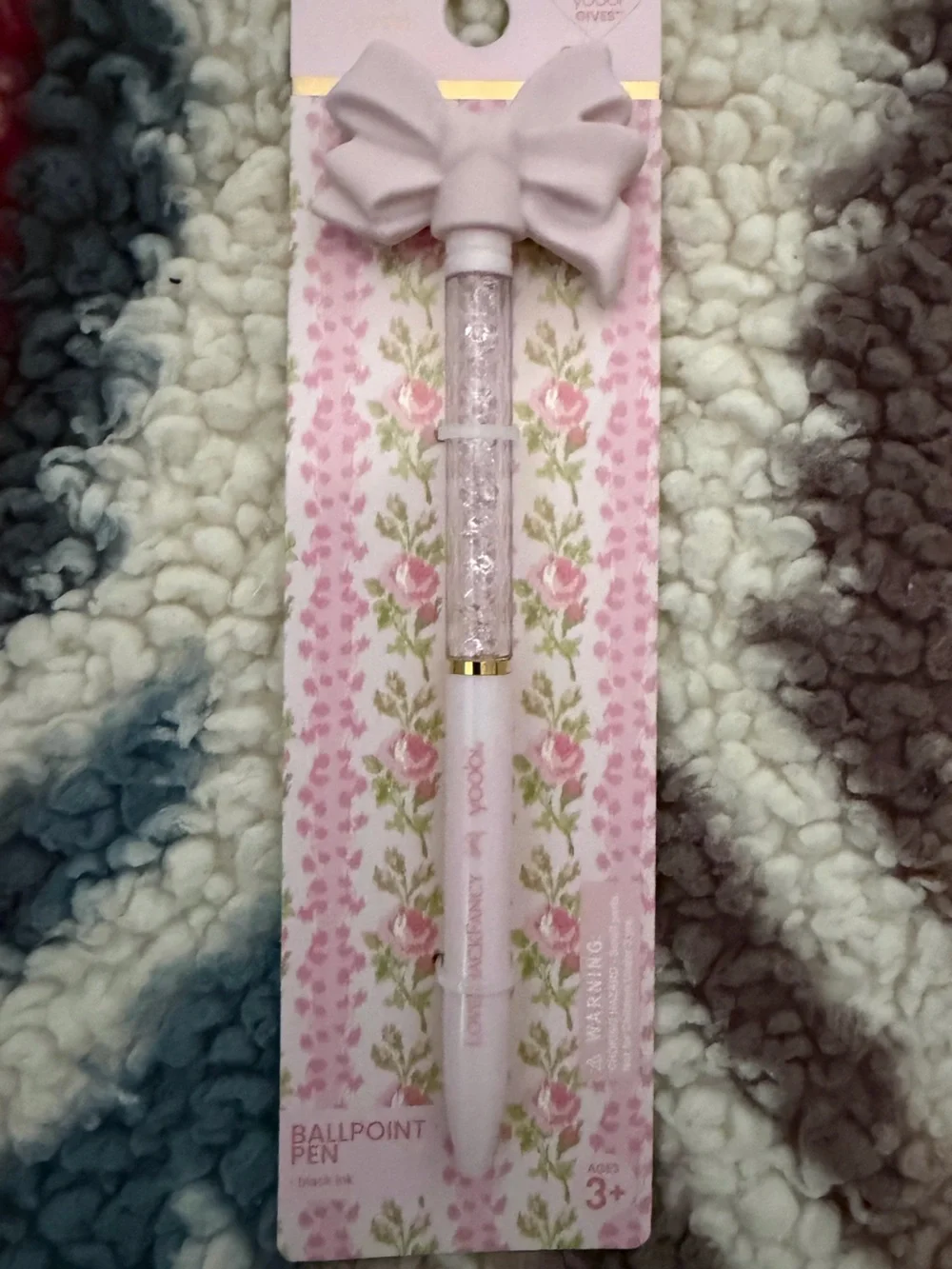 Love Shack Fancy Yoobi White & Pink Crystal Ballpoint Pen with Bow Accent